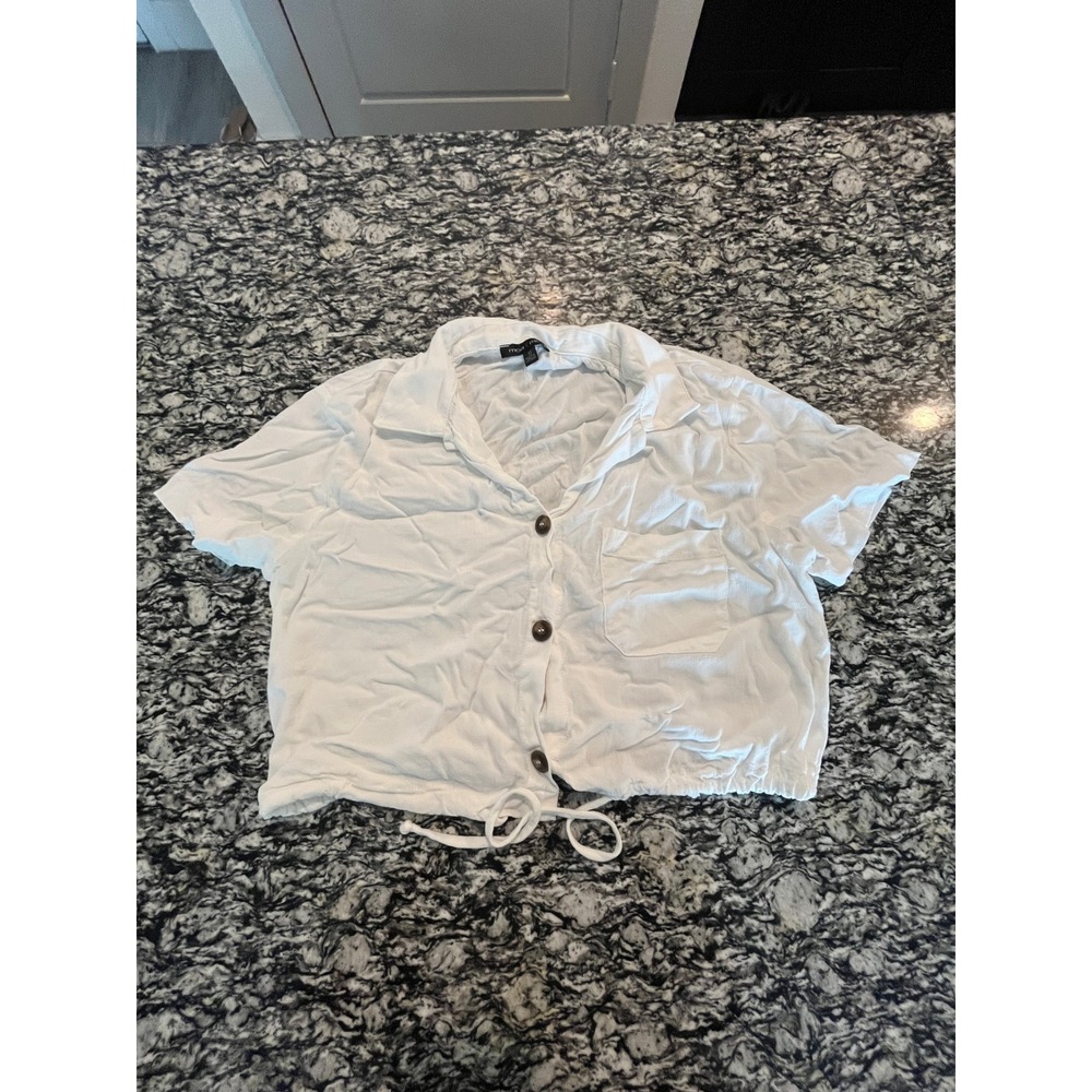 Moa Moa White Short Sleeve Button Down Tie Front Crop Top Shirt Womens Medium
